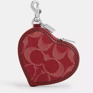 NWT coach Heart Bag Charm In Signature Denim CDC91 Silver True Red